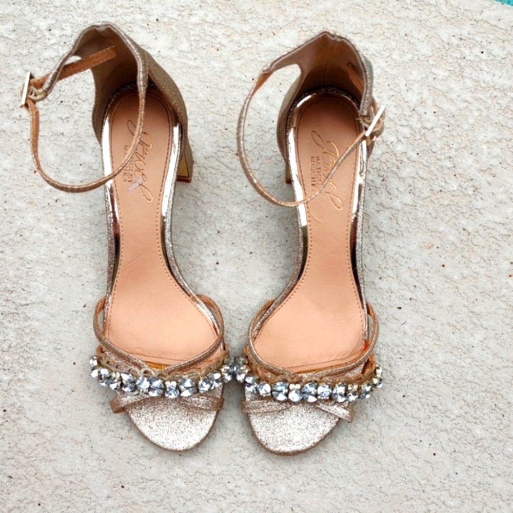 Jewel By Badgley Mishka Gold Rhinestone Embellished Block Heel Sandal